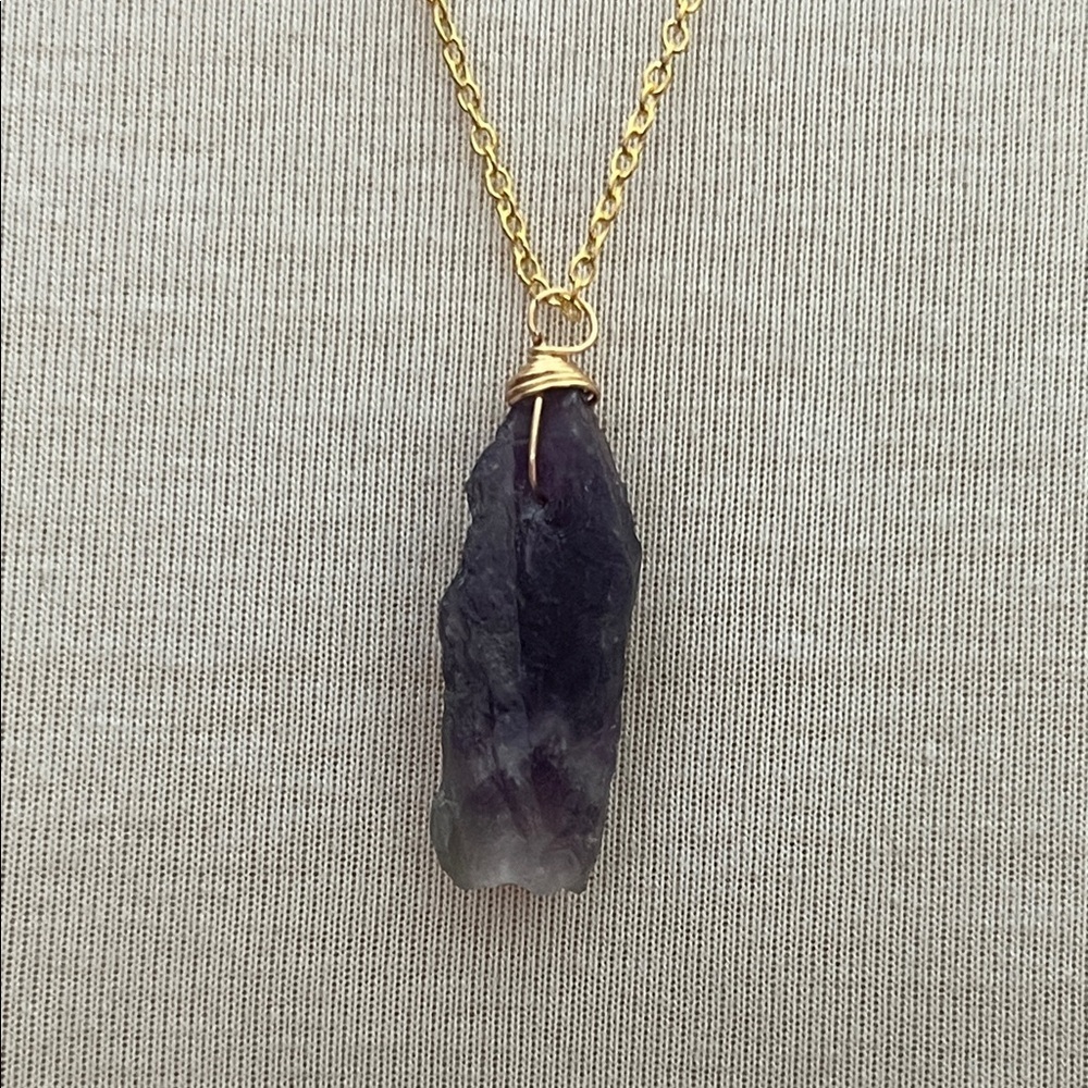 Rough Amethyst Crystal Pendant Necklace 18” Gold Tone Wire Wrapped Raw Stone